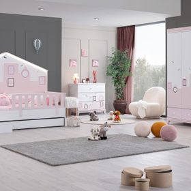 Ruum Store City Montessori 3 Kapaklı Dolap Yavrulu Korkuluklu Yatak Şifonyer Pembe Çocuk Odası Takımı