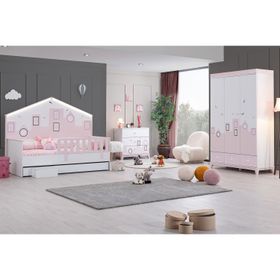 Ruum Store City Montessori 3 Kapaklı Dolap Yavrulu Korkuluklu Yatak Şifonyer Pembe Çocuk Odası Takımı