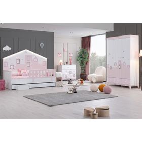 Ruum Store City Montessori 3 Kapaklı Dolap Yavrulu Korkuluklu Yatak Şifonyer Pembe Çocuk Odası Takımı