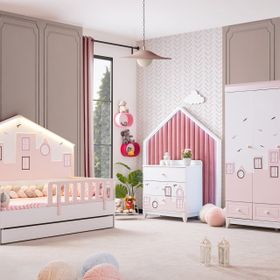 Ruum Store City Montessori 3 Kapaklı Dolap Yavrulu Korkuluklu Yatak Şifonyer Pembe Çocuk Odası Takımı