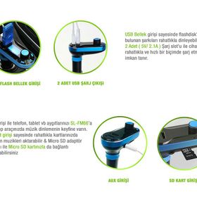 S-link SL-FM66 SD/Usb Destekli + 2.1A Usb Şarj Portlu Fm Transmitter