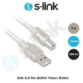 S-Link SL-U2005 USB 2.0 5 mt Şeffaf Yazıcı Kablo
