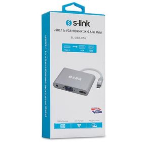 S-Link SL-USB-C58 USB3.1 Metal To VGA+HDMI4K-2K+3. S-Link SL-USB-C58 USB3.1 Metal To VGA+HDMI4K-2K+3.5Jac Çevirici