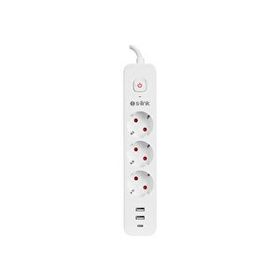 S-Link SPG03TC Beyaz 2 USB +1 Type C 5V2.4A 1.5 mt 3x1.00 mm Bakır 750 Joule 3'lü Anahtarlı Akım Korumalı Priz