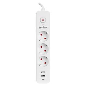 S-Link SPG03TC Beyaz 2 USB +1 Type C 5V2.4A 1.5 mt 3x1.00 mm Bakır 750 Joule 3'lü Anahtarlı Akım Korumalı Priz