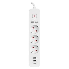 S-Link SPG03TC Beyaz 2 USB +1 Type C 5V2.4A 1.5 mt 3x1.00 mm Bakır 750 Joule 3'lü Anahtarlı Akım Korumalı Priz