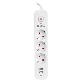 S-Link SPG03TC Beyaz 2 USB +1 Type C 5V2.4A 1.5 mt 3x1.00 mm Bakır 750 Joule 3'lü Anahtarlı Akım Korumalı Priz