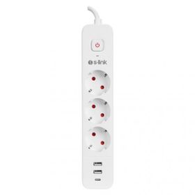 S-Link SPG03TC Beyaz 2 USB +1 Type C 5V2.4A 1.5 mt 3x1.00 mm Bakır 750 Joule 3'lü Anahtarlı Akım Korumalı Priz