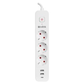 S-Link SPG03TC Beyaz 2 USB +1 Type C 5V2.4A 1.5 mt 3x1.00 mm Bakır 750 Joule 3'lü Anahtarlı Akım Korumalı Priz
