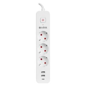 S-Link SPG03TC Beyaz 2 USB +1 Type C 5V2.4A 1.5 mt 3x1.00 mm Bakır 750 Joule 3'lü Anahtarlı Akım Korumalı Priz