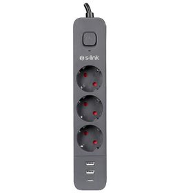 S-Link SPG03U 2 Usb 1Type C 5V2.4A 1.5 m 3x1.00 mm 100 Bakır 750 Joule 3'lü Anahtarlı Akım Korumalı Priz