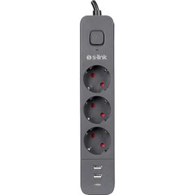 S-Link SPG03U 2 Usb 1Type C 5V2.4A 1.5 m 3x1.00 mm 100 Bakır 750 Joule 3'lü Anahtarlı Akım Korumalı Priz