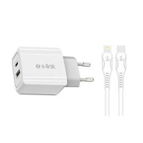 S-Link Type-C Kablolu Beyaz 2 Girişli Araç İçi Şarj Aleti