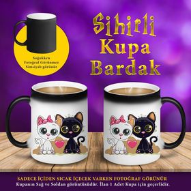 S45656 Bay ve Bayan Romantik Kedi Sihirli Kupa Bardak