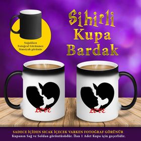 S457 Kalp İçinde Çift Silüeti Love Sihirli Kupa Bardak