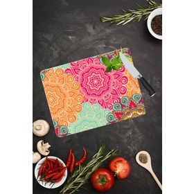 Saban Kırmızı Turuncu Mandala Desenli 30x40 cm Cam Kesme Tahtası