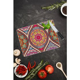Saban Koyu Yuvarlak Mandala Desenli 30x40 cm Cam Kesme Tahtası