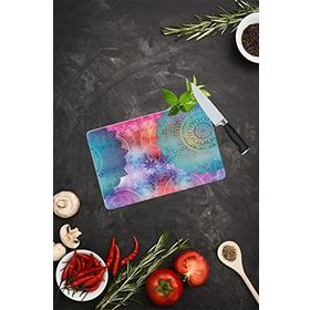 Saban Mavi Kırmızı Mandala Desenli 20x30 cm Cam Kesme Tahtası