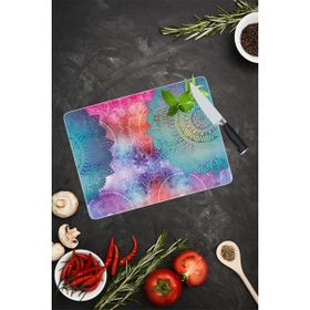 Saban Mavi Kırmızı Mandala Desenli 30x40 cm Cam Kesme Tahtası