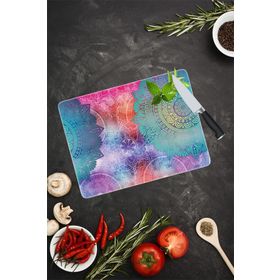 Saban Mavi Kırmızı Mandala Desenli 30x40 cm Cam Kesme Tahtası