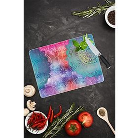 Saban Mavi Kırmızı Mandala Desenli 30x40 cm Cam Kesme Tahtası