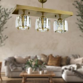 Sabrina 3'lü Sıralı Eskitme Plafonyer Kristalli Altın Taşlı Modern Tasarım Kristal Salon Avize