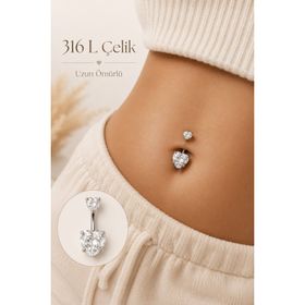 Sacce Scarves & Accessories Gümüş Çelik Hologram Kalp Model Tektaş Göbek Piercing