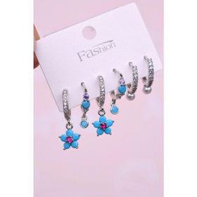 Sacce Scarves&Accessories Firuze Mavi Çiçekli Seti 6 Parça Gümüş Renkli Küpe