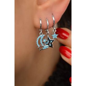 Sacce Scarves&Accessories Mavi Firuze Taşlı Ay Yıldızlı 3'lü Seti Gümüş Renkli Küpe