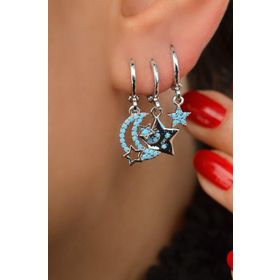 Sacce Scarves&Accessories Mavi Firuze Taşlı Ay Yıldızlı 3'lü Seti Gümüş Renkli Küpe