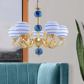 Safir Light Zamak Mavi Çizgili Çini Detaylı 5'li Gold Avize
