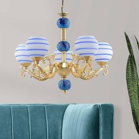 Safir Light Zamak Mavi Çizgili Çini Detaylı 5'li Gold Avize