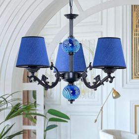 Safir Light Zamak Mavi Şapkalı Çini Detaylı 3'lü Siyah Avize