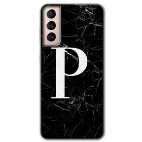 Samsung Galaxy S21 Siyah Mermer Desenli P Harfi Baskılı Uyumlu Silikon Kılıf