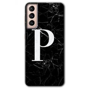 Samsung Galaxy S21 Siyah Mermer Desenli P Harfi Baskılı Uyumlu Silikon Kılıf