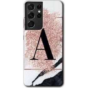 Samsung Galaxy S21 Ultra Pembe Mermer Desenli A Harfi Baskılı Uyumlu Silikon Kılıf