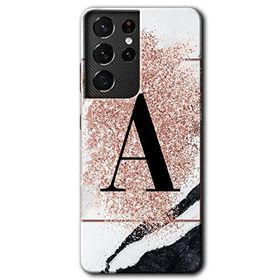 Samsung Galaxy S21 Ultra Pembe Mermer Desenli A Harfi Baskılı Uyumlu Silikon Kılıf