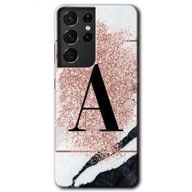 Samsung Galaxy S21 Ultra Pembe Mermer Desenli A Harfi Baskılı Uyumlu Silikon Kılıf