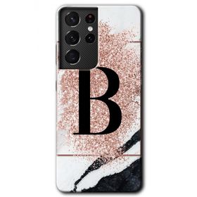 Samsung Galaxy S21 Ultra Pembe Mermer Desenli B Harfi Baskılı Uyumlu Silikon Kılıf