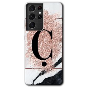 Samsung Galaxy S21 Ultra Pembe Mermer Desenli C Harfi Baskılı Uyumlu Silikon Kılıf