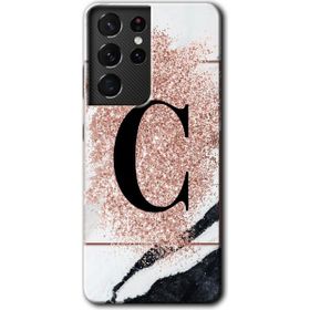 Samsung Galaxy S21 Ultra Pembe Mermer Desenli C Harfi Baskılı Uyumlu Silikon Kılıf