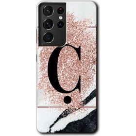 Samsung Galaxy S21 Ultra Pembe Mermer Desenli C Harfi Baskılı Uyumlu Silikon Kılıf