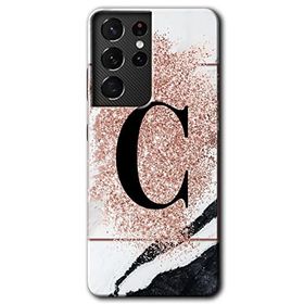 Samsung Galaxy S21 Ultra Pembe Mermer Desenli C Harfi Baskılı Uyumlu Silikon Kılıf