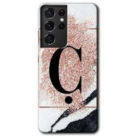 Samsung Galaxy S21 Ultra Pembe Mermer Desenli C Harfi Baskılı Uyumlu Silikon Kılıf