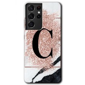 Samsung Galaxy S21 Ultra Pembe Mermer Desenli C Harfi Baskılı Uyumlu Silikon Kılıf