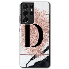Samsung Galaxy S21 Ultra Pembe Mermer Desenli D Harfi Baskılı Uyumlu Silikon Kılıf