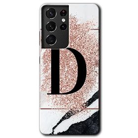 Samsung Galaxy S21 Ultra Pembe Mermer Desenli D Harfi Baskılı Uyumlu Silikon Kılıf