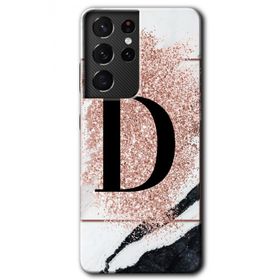 Samsung Galaxy S21 Ultra Pembe Mermer Desenli D Harfi Baskılı Uyumlu Silikon Kılıf