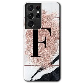 Samsung Galaxy S21 Ultra Pembe Mermer Desenli F Harfi Baskılı Uyumlu Silikon Kılıf