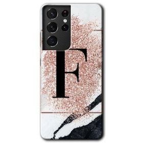 Samsung Galaxy S21 Ultra Pembe Mermer Desenli F Harfi Baskılı Uyumlu Silikon Kılıf